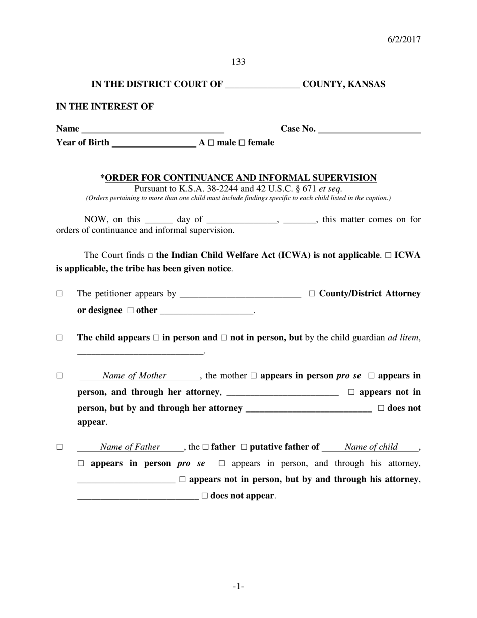 Form 133 Order for Continuance and Informal Supervision - Kansas, Page 1