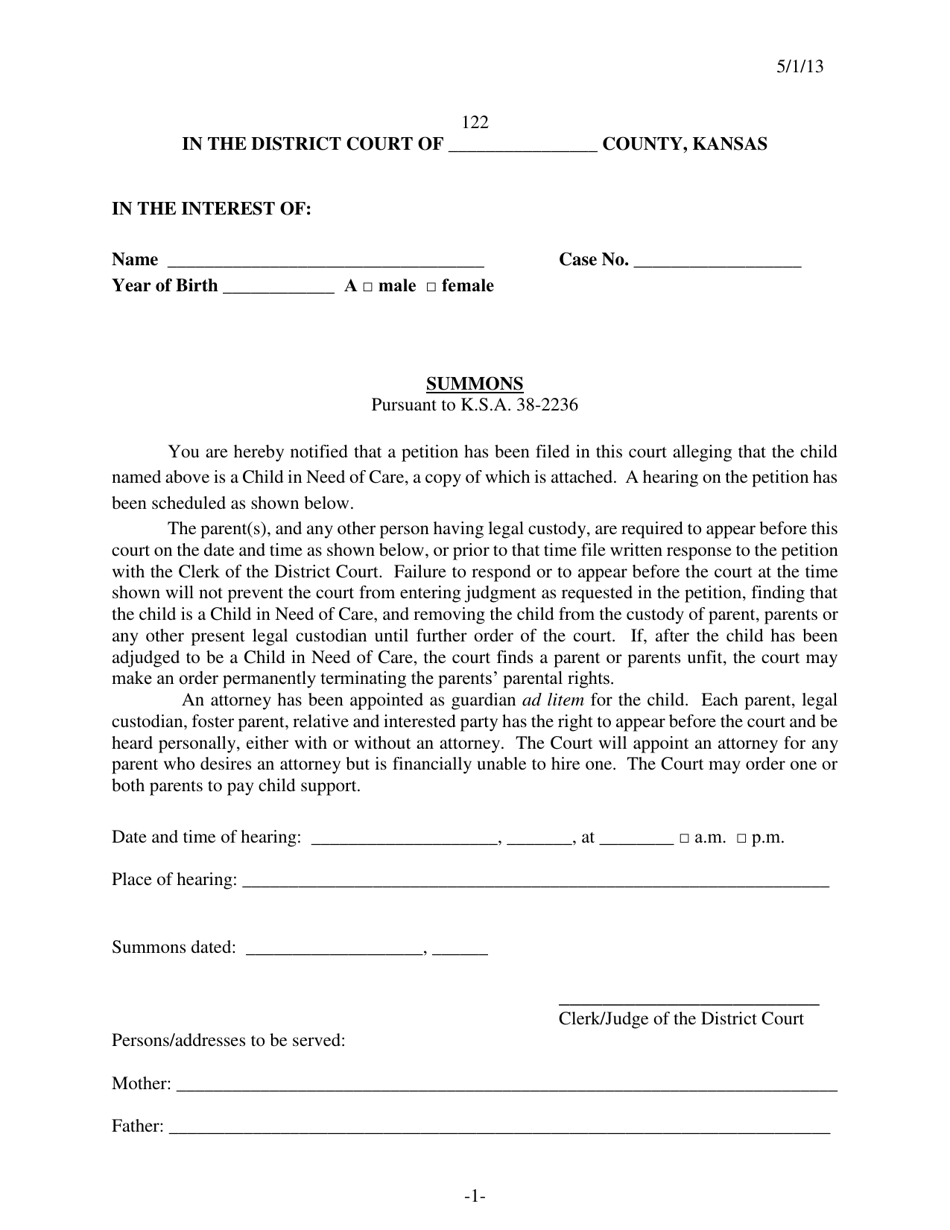 Form 122 Summons - Kansas, Page 1