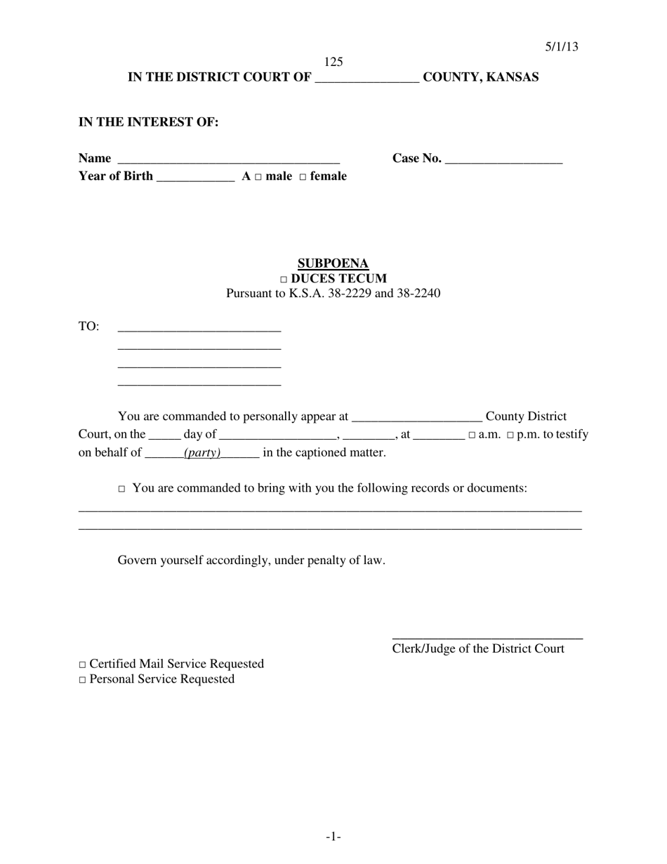 Form 125 Subpoena - Kansas, Page 1