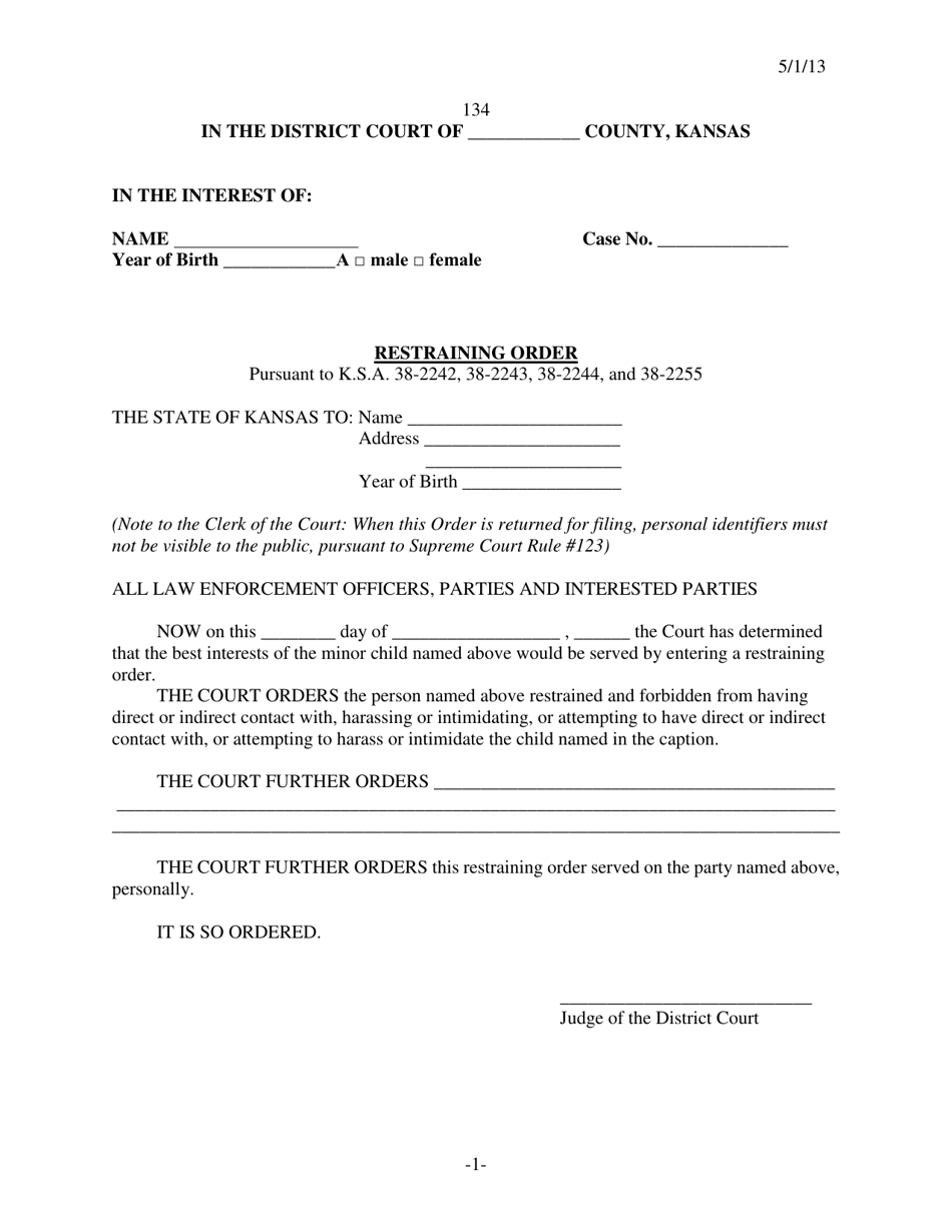 Form 134 Restraining Order - Kansas, Page 1