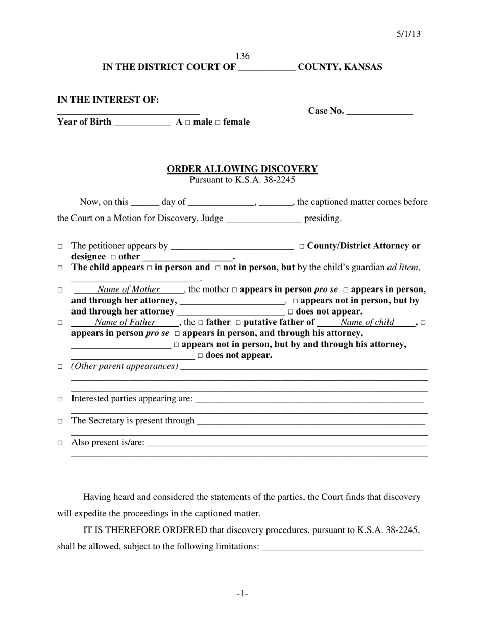Form 136 Order Allowing Discovery - Kansas, Page 1