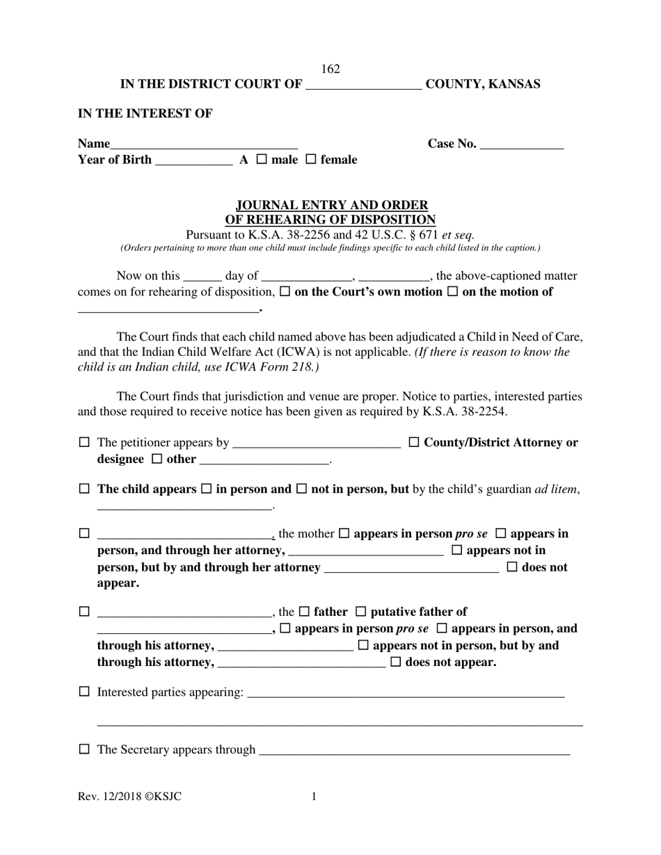 Form 162 Journal Entry and Order of Rehearing of Disposition - Kansas, Page 1