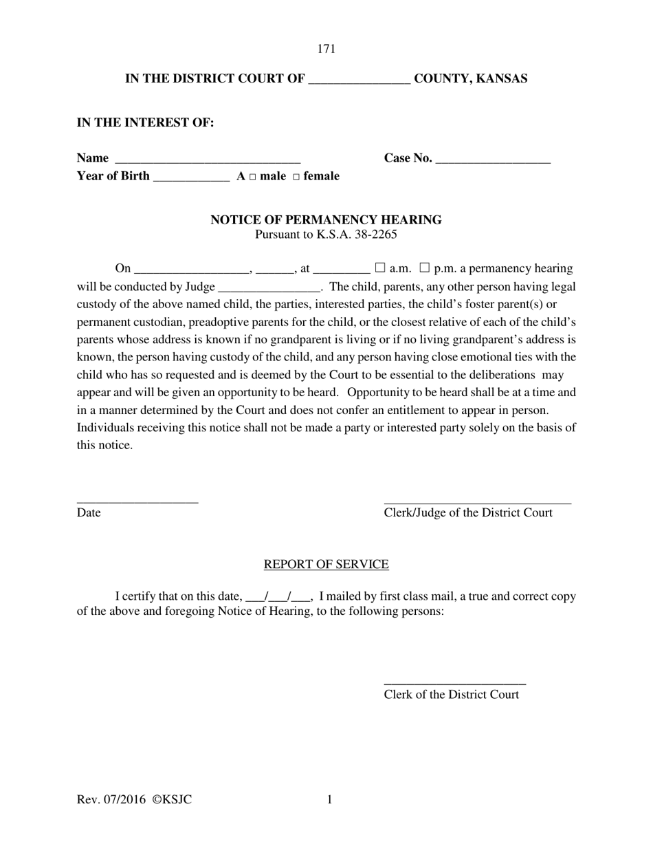 Form 171 Notice of Permanency Hearing - Kansas, Page 1