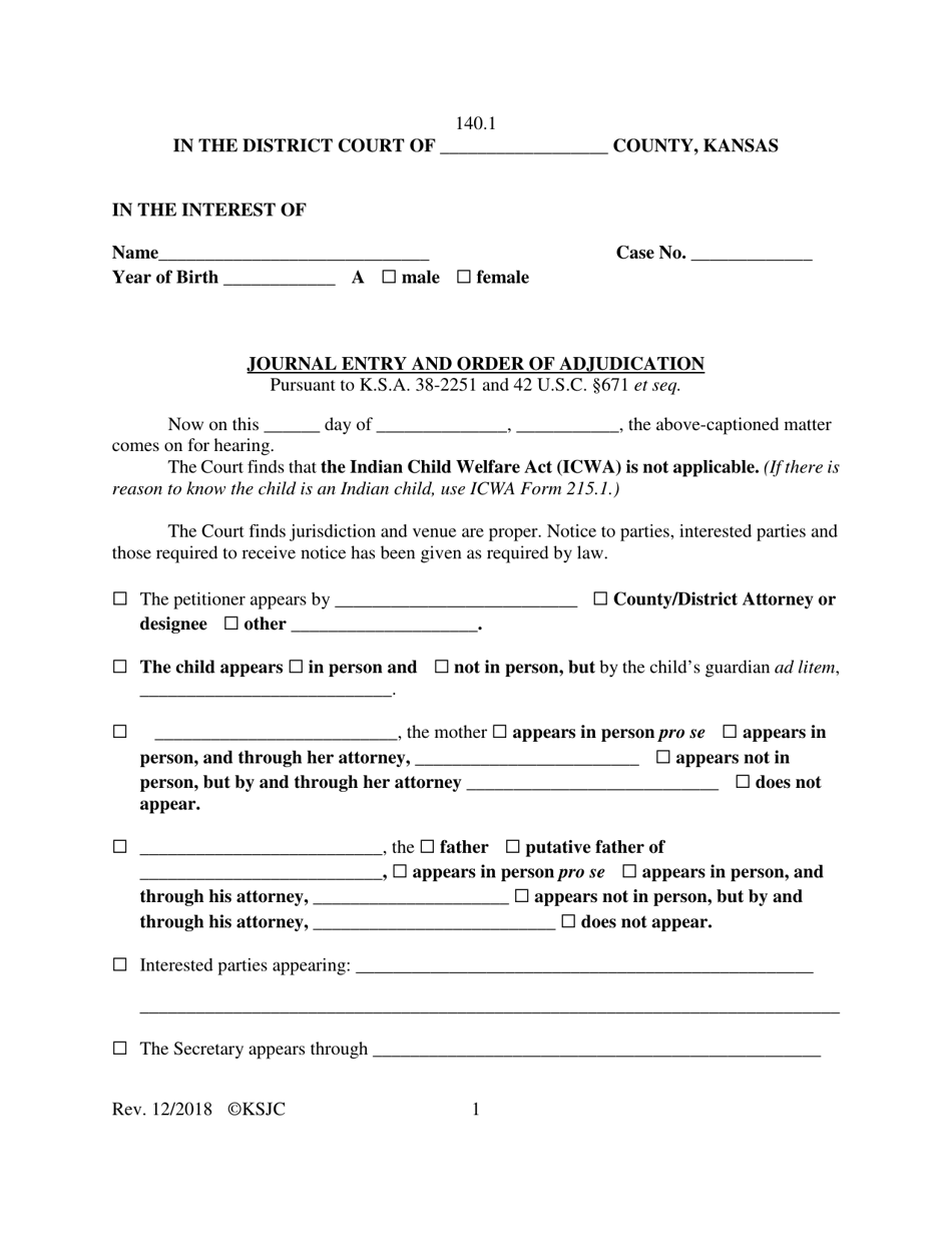 Form 140.1 Journal Entry and Order of Adjudication - Kansas, Page 1