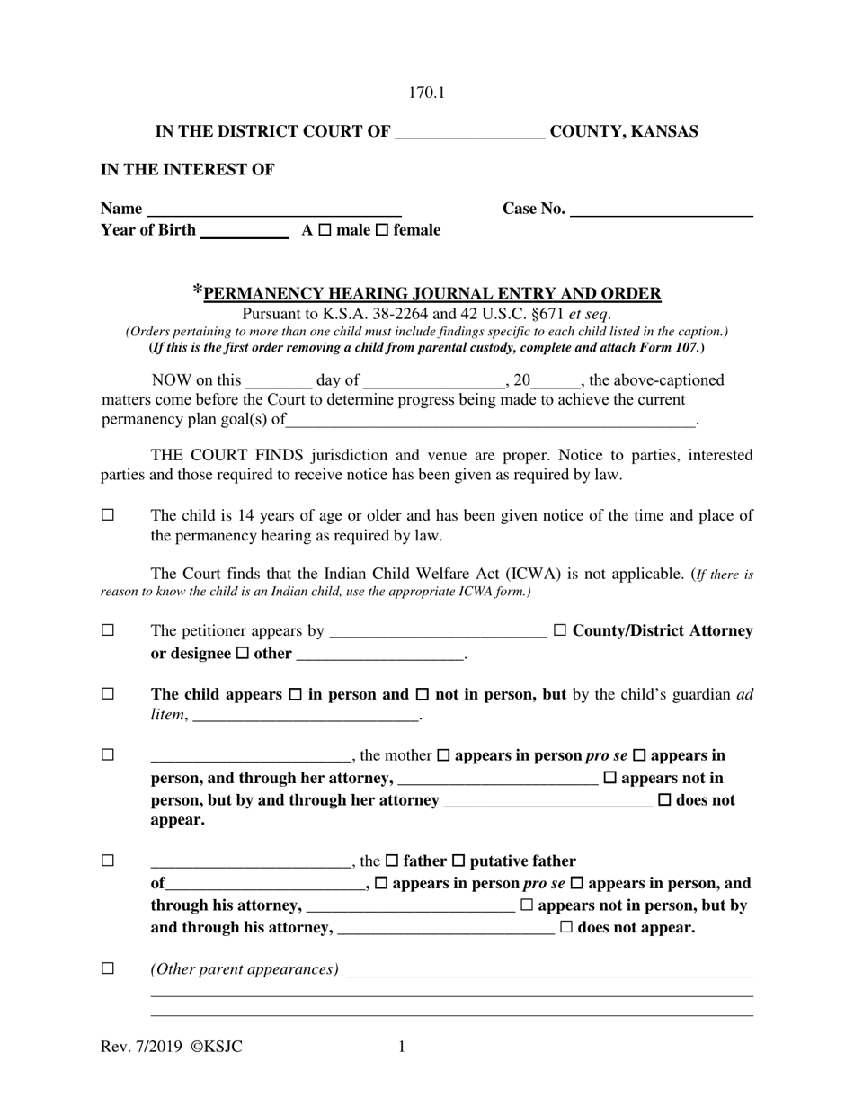 Form 170.1 Permanency Hearing Journal Entry and Order - Kansas, Page 1