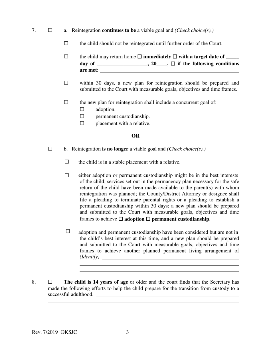Form 170.1 Permanency Hearing Journal Entry and Order - Kansas, Page 3