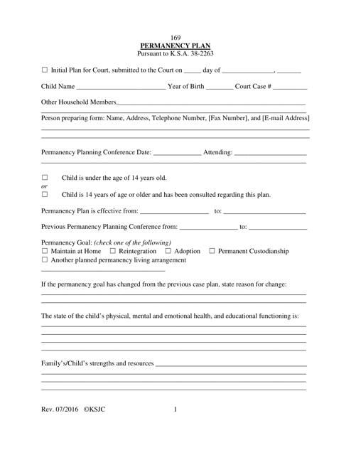 Form 169 Permanency Plan - Kansas