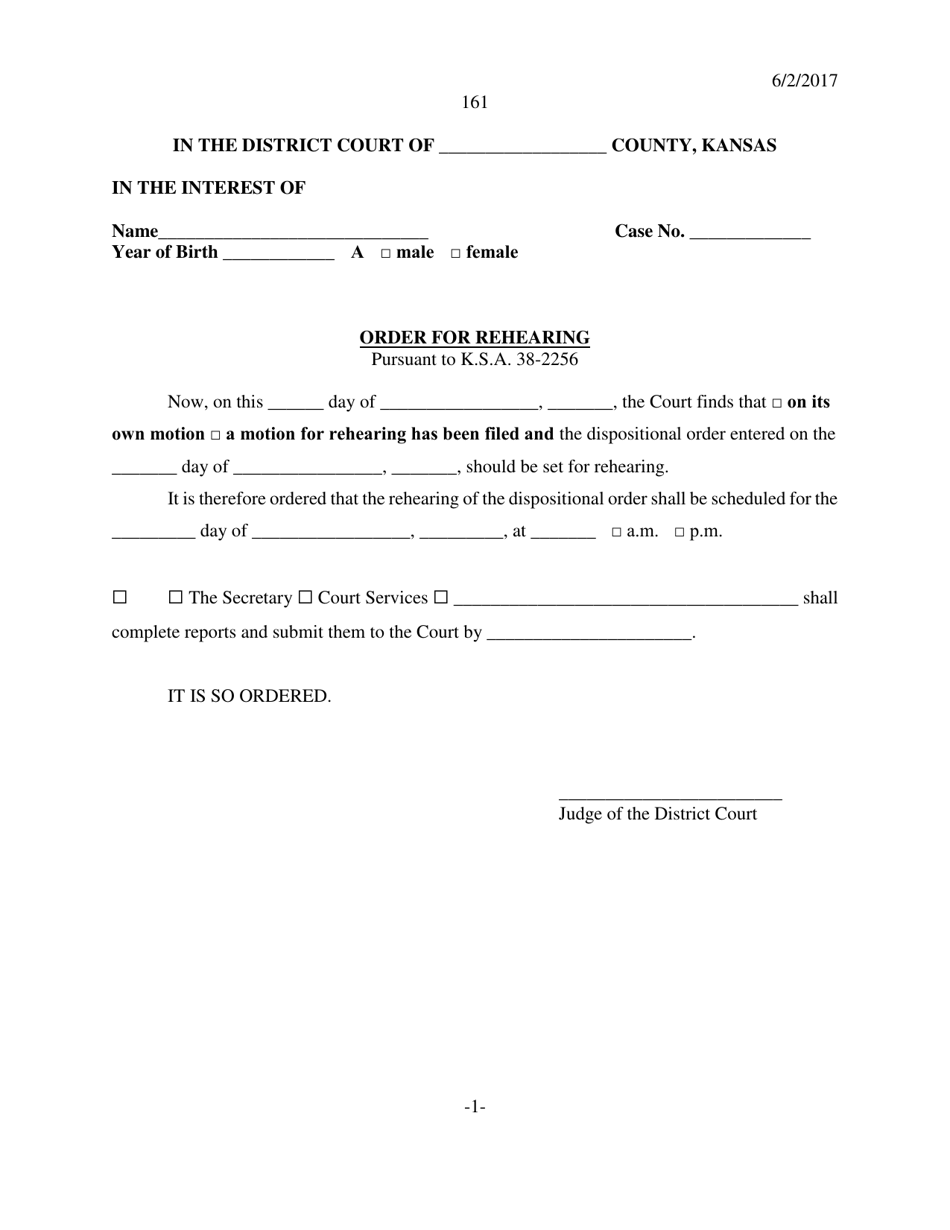 Form 161 Order for Rehearing - Kansas, Page 1