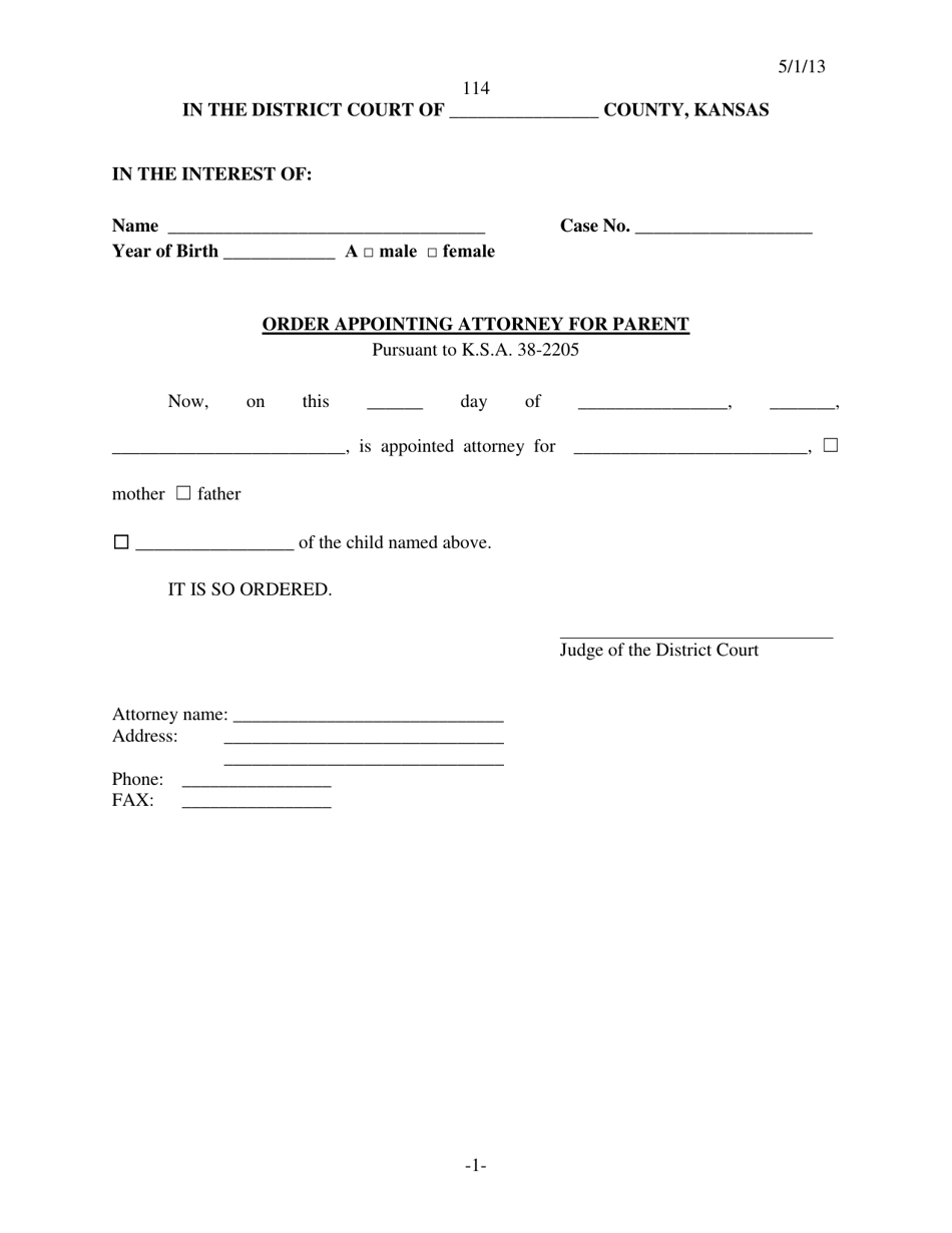 Form 114 Order Appointing Attorney for Parent - Kansas, Page 1
