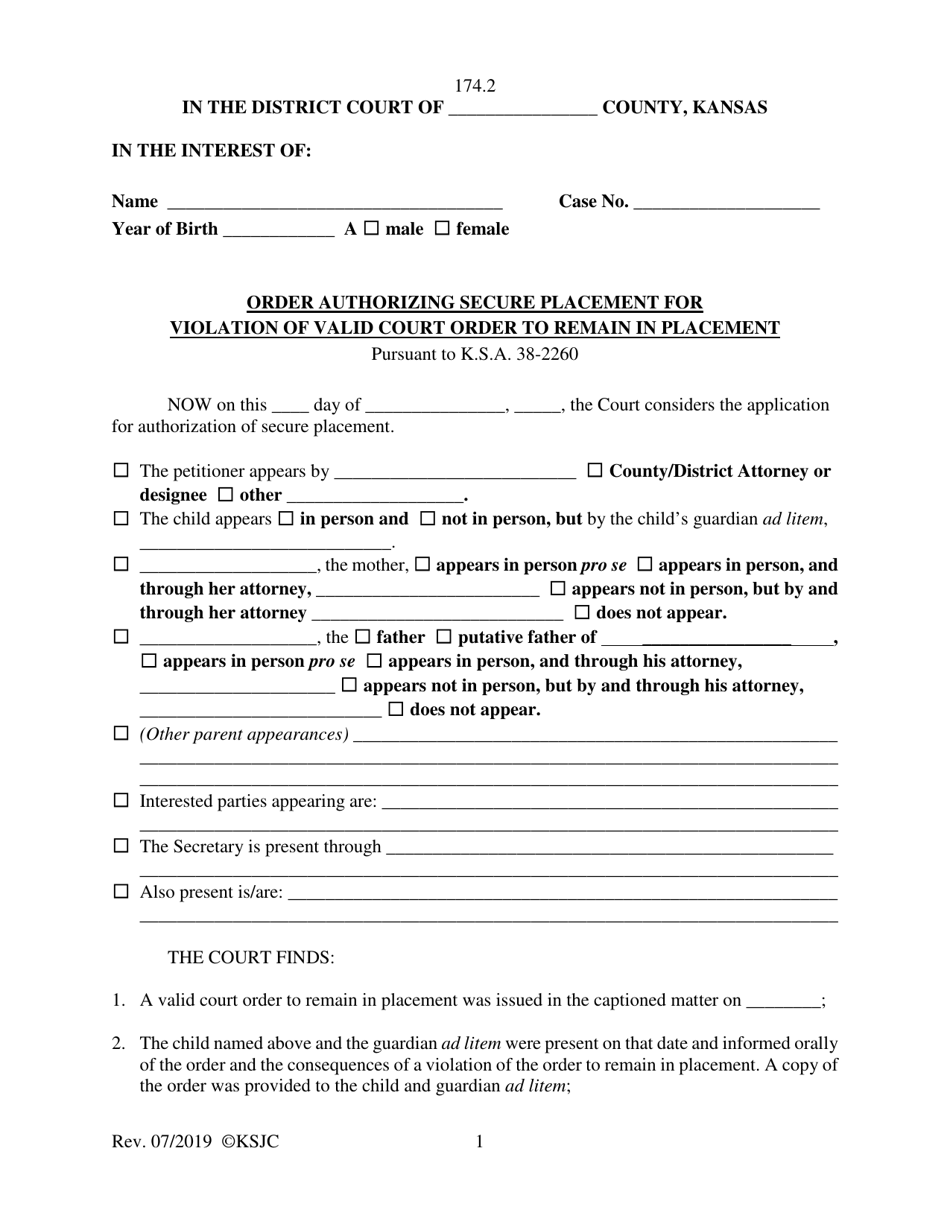 Form 174.2 Order Authorizing Secure Placement for Violation of Valid Court Order to Remain in Placement - Kansas, Page 1