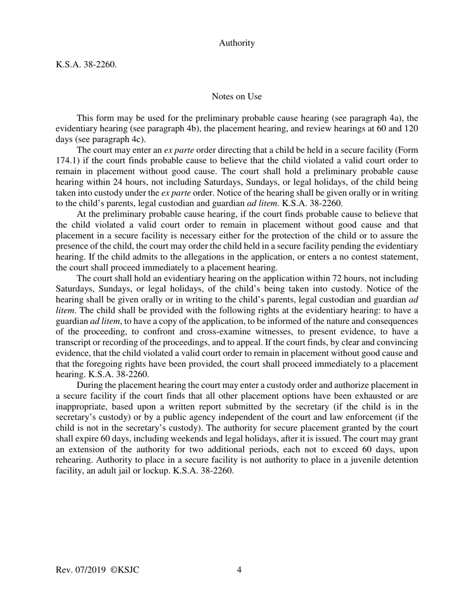Form 174.2 Order Authorizing Secure Placement for Violation of Valid Court Order to Remain in Placement - Kansas, Page 4