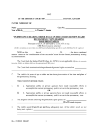 Document preview: Form 188.2 Permanency Hearing Order Based on the Citizen Review Board Recommendations Hearing Post-termination - Kansas