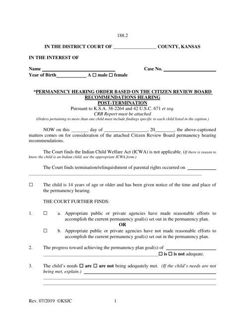 Form 188.2 Permanency Hearing Order Based on the Citizen Review Board Recommendations Hearing Post-termination - Kansas