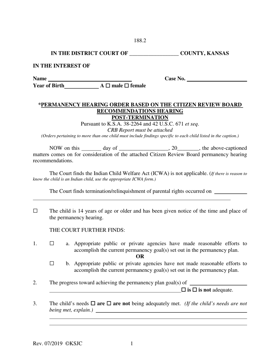 Form 188.2 Permanency Hearing Order Based on the Citizen Review Board Recommendations Hearing Post-termination - Kansas, Page 1