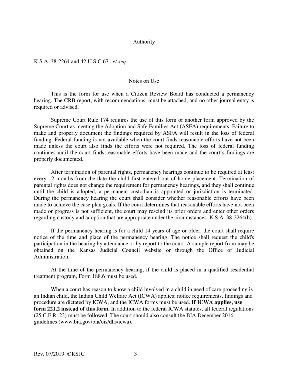 Form 188.2 Permanency Hearing Order Based on the Citizen Review Board Recommendations Hearing Post-termination - Kansas, Page 3