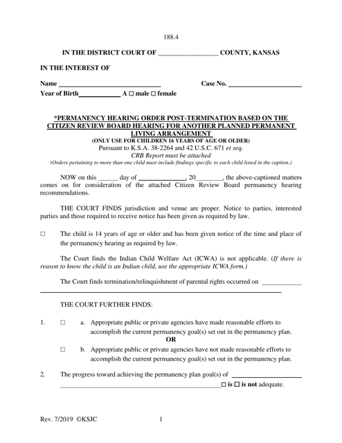 Form 188.4 Permanency Hearing Order Post-termination Based on the Citizen Review Board Hearing for Another Planned Permanent Living Arrangement - Kansas