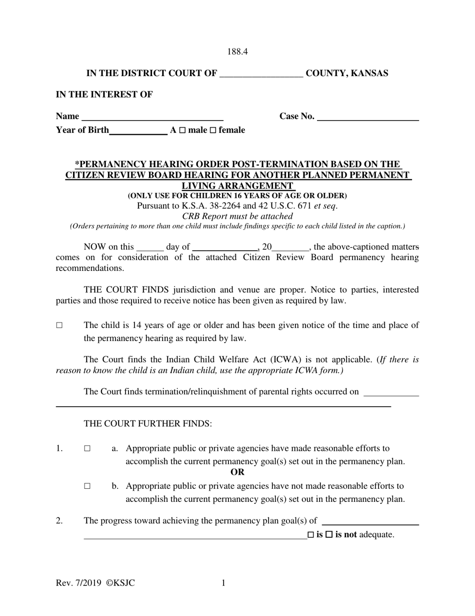 Form 188.4 Permanency Hearing Order Post-termination Based on the Citizen Review Board Hearing for Another Planned Permanent Living Arrangement - Kansas, Page 1