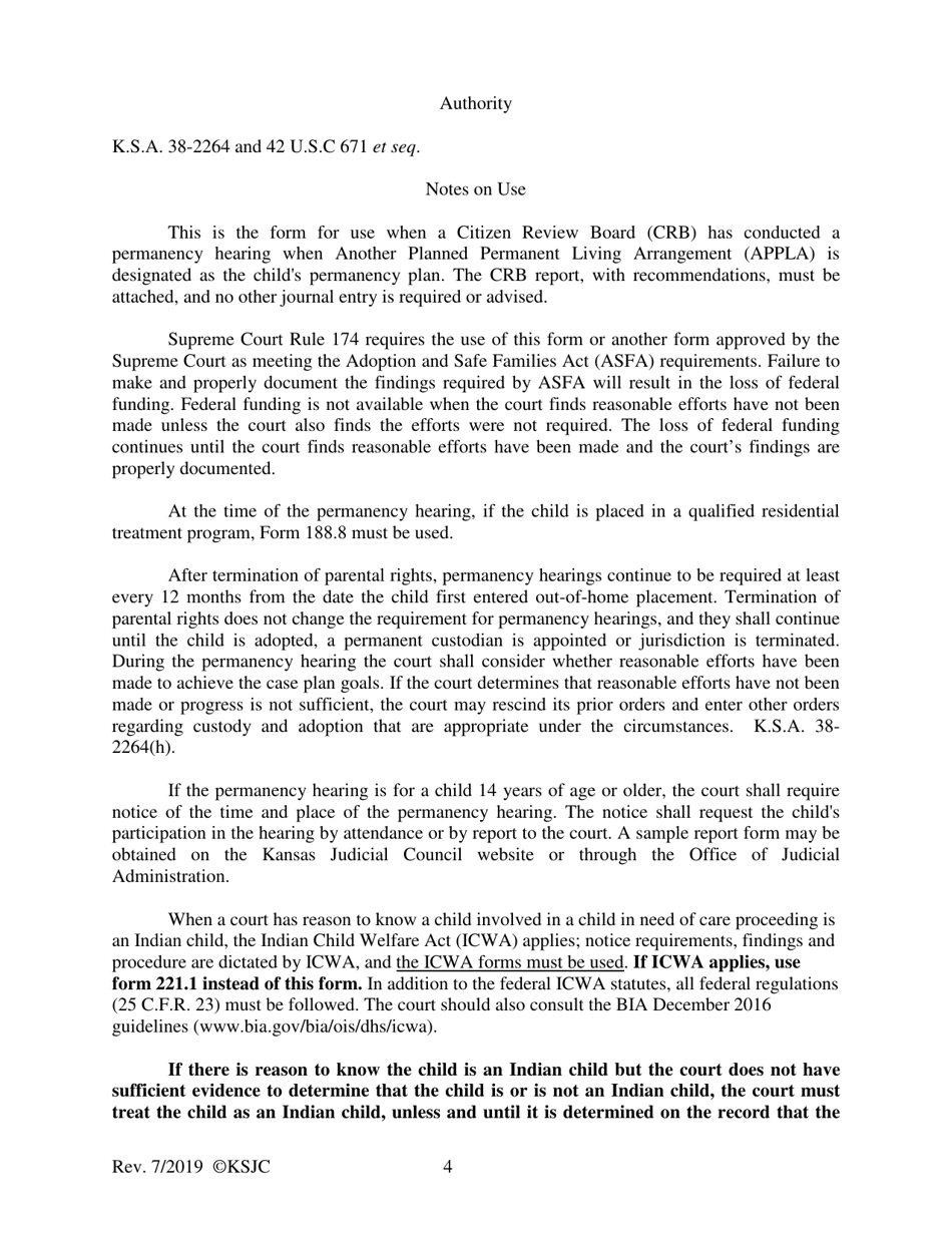 Form 188.4 Permanency Hearing Order Post-termination Based on the Citizen Review Board Hearing for Another Planned Permanent Living Arrangement - Kansas, Page 4