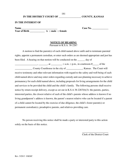 Form 181 Notice of Hearing - Kansas