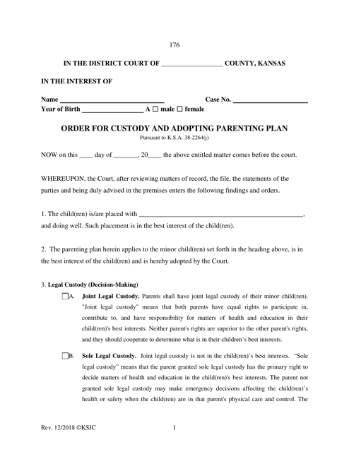 Form 176 Order for Custody and Adopting Parenting Plan - Kansas