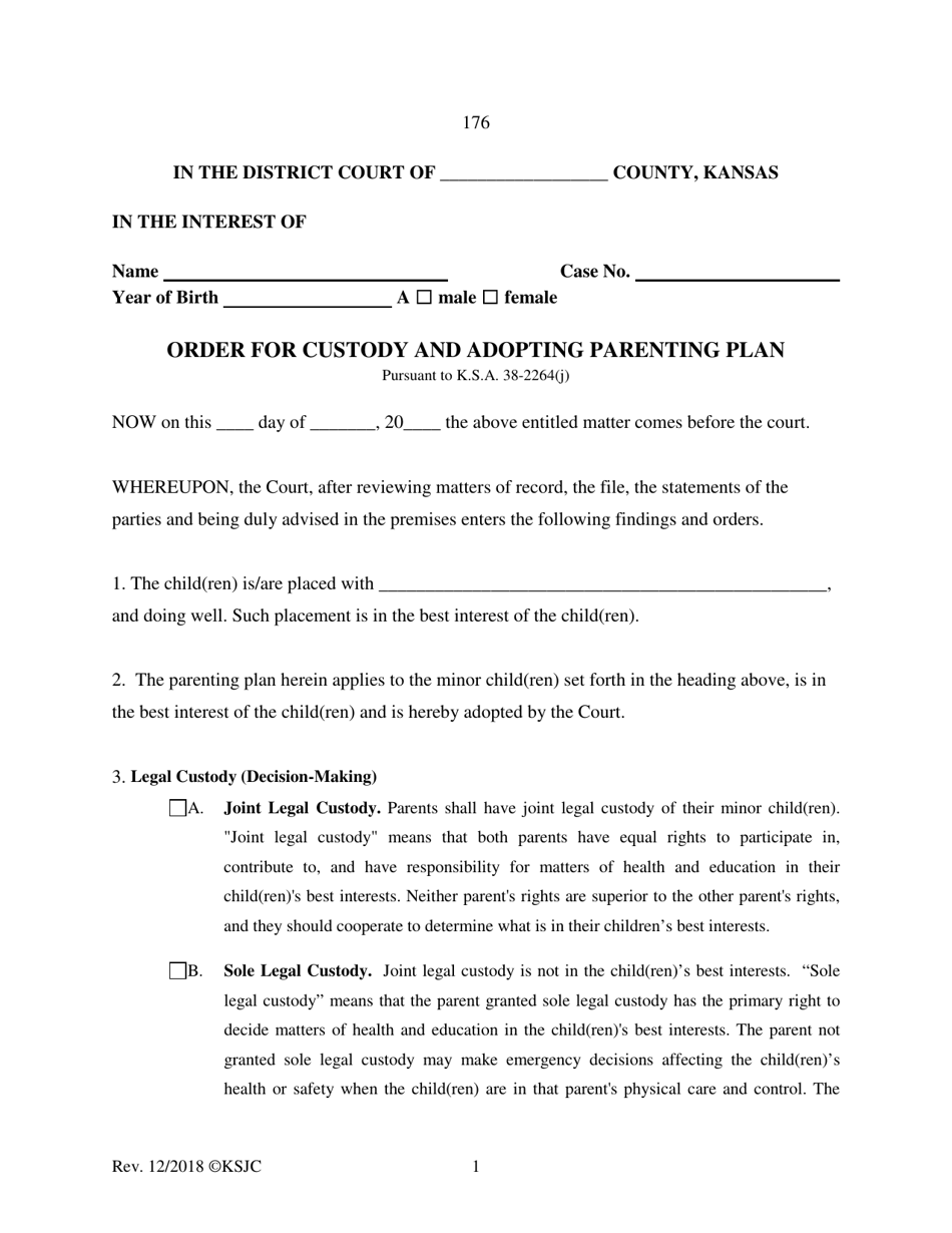 Form 176 Order for Custody and Adopting Parenting Plan - Kansas, Page 1