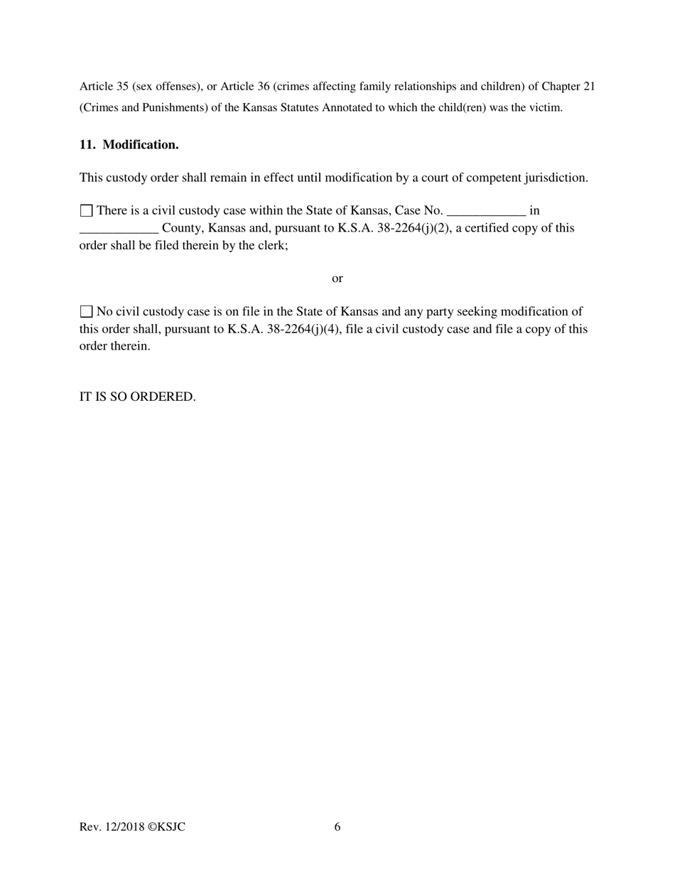 Form 176 Order for Custody and Adopting Parenting Plan - Kansas, Page 6
