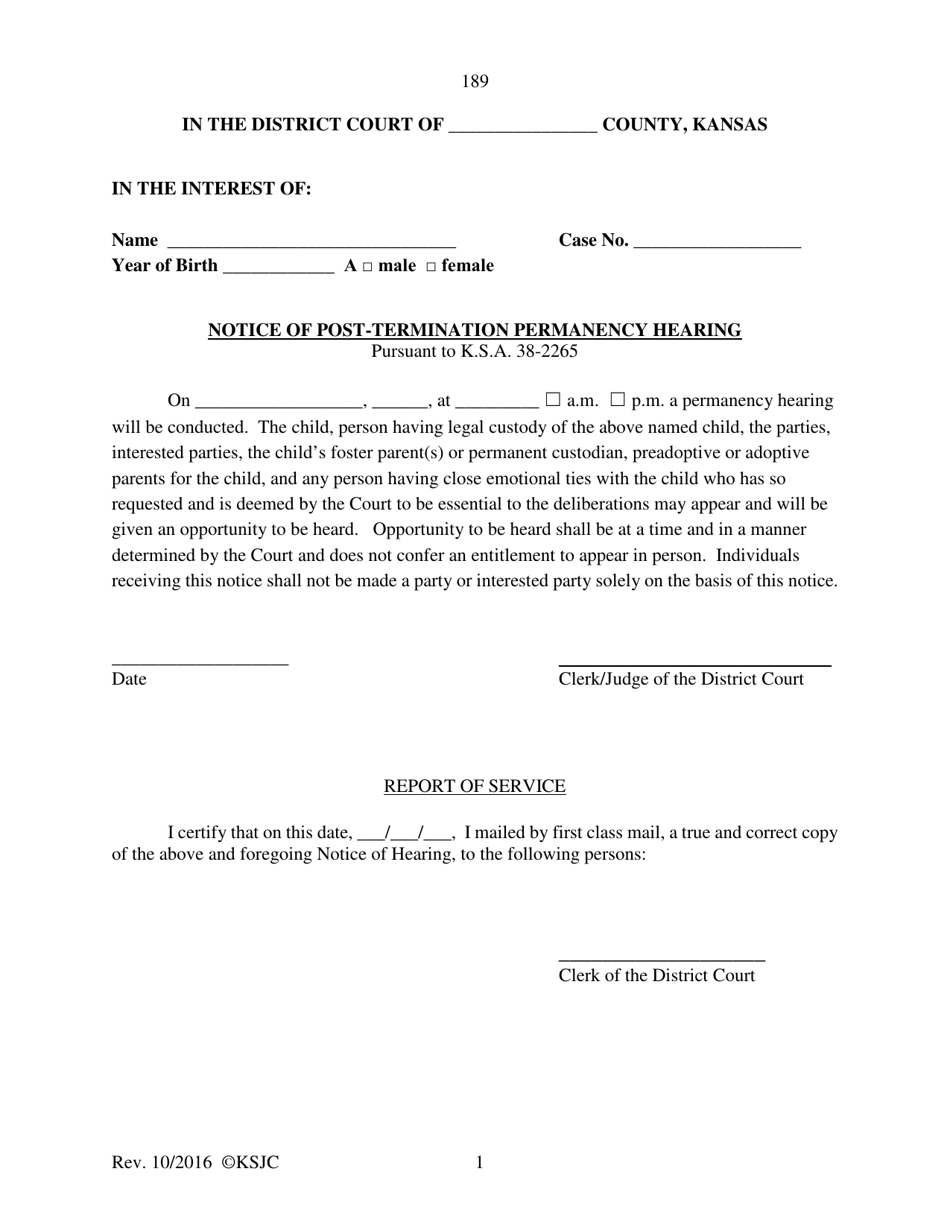 Form 189 Notice of Post-termination Permanency Hearing - Kansas, Page 1