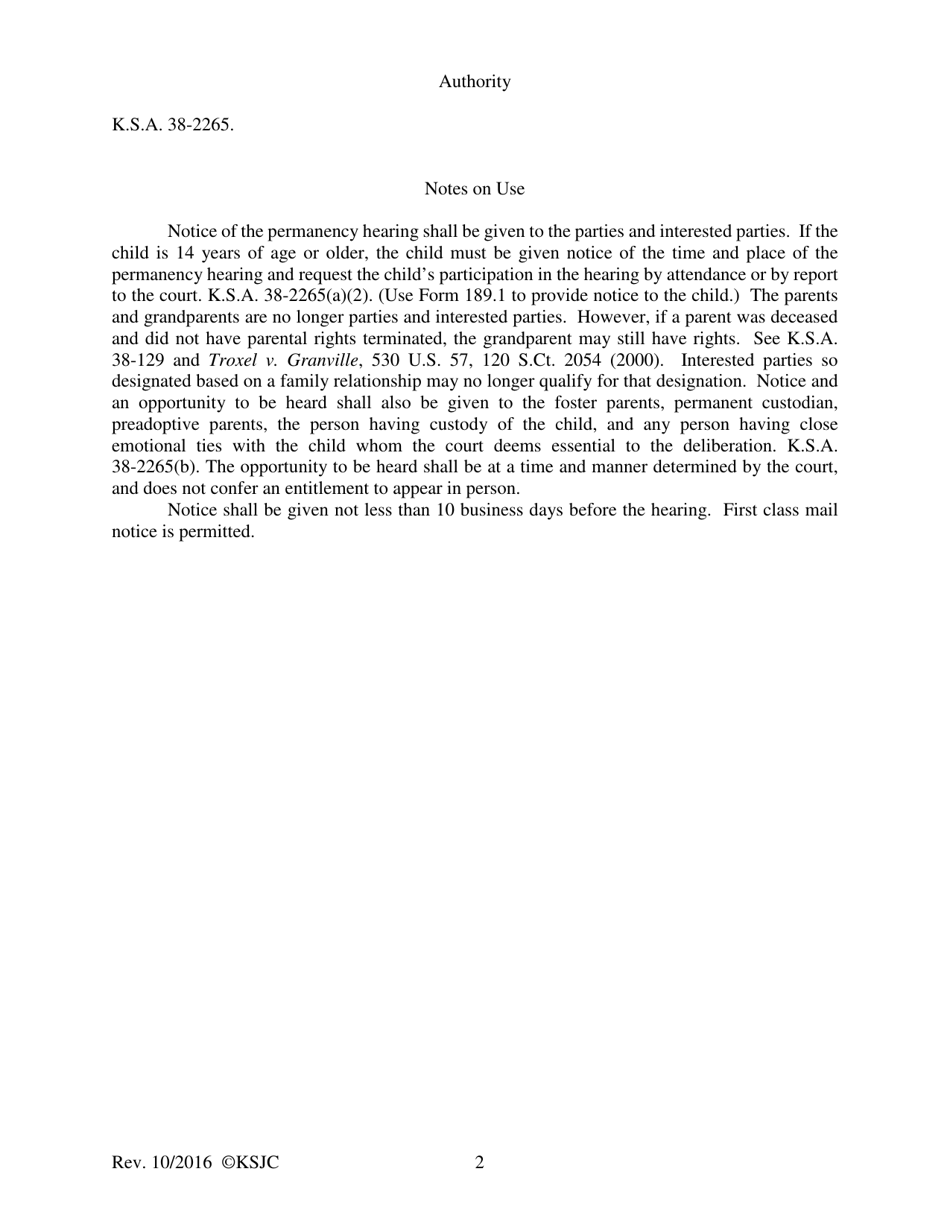 Form 189 Notice of Post-termination Permanency Hearing - Kansas, Page 2