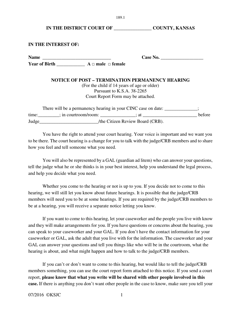 Form 189.1 Notice of Post-termination Permanency Hearing (For the Child if 14 Years of Age or Older) - Kansas, Page 1