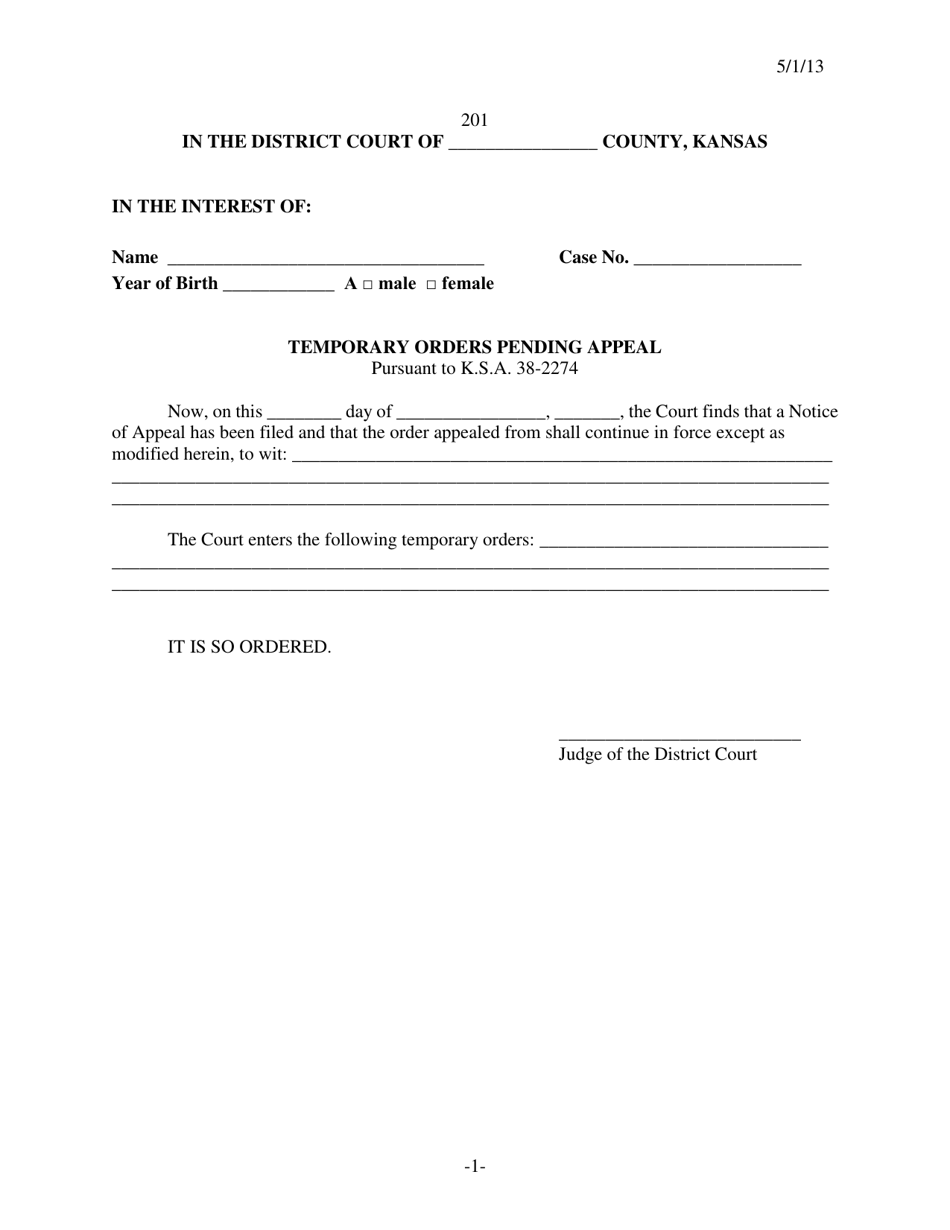 Form 201 Temporary Orders Pending Appeal - Kansas, Page 1