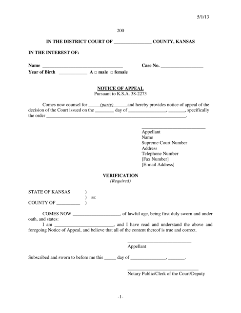 Form 200 Notice of Appeal - Kansas