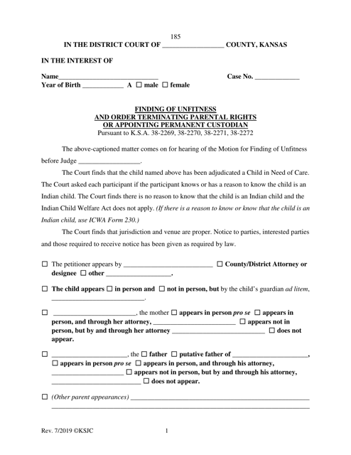 Form 185 Finding of Unfitness and Order Terminating Parental Rights or Appointing Permanent Custodian - Kansas