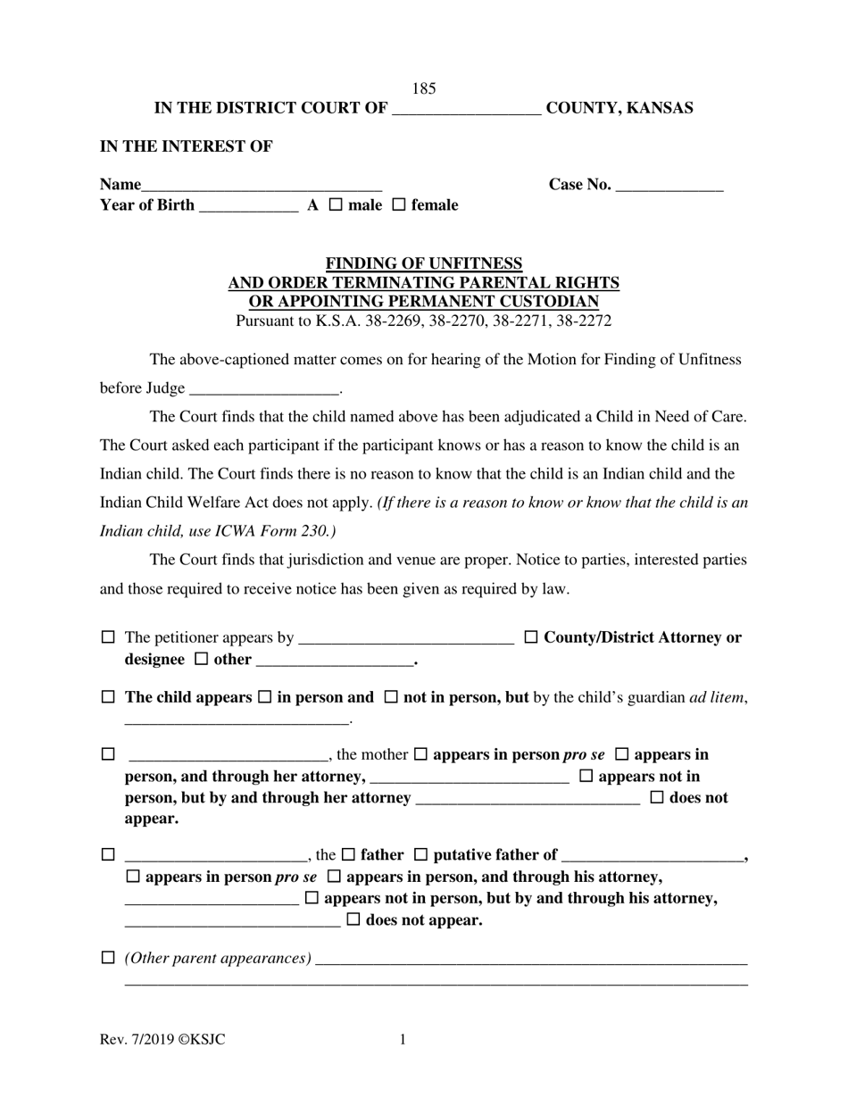 Form 185 Finding of Unfitness and Order Terminating Parental Rights or Appointing Permanent Custodian - Kansas, Page 1