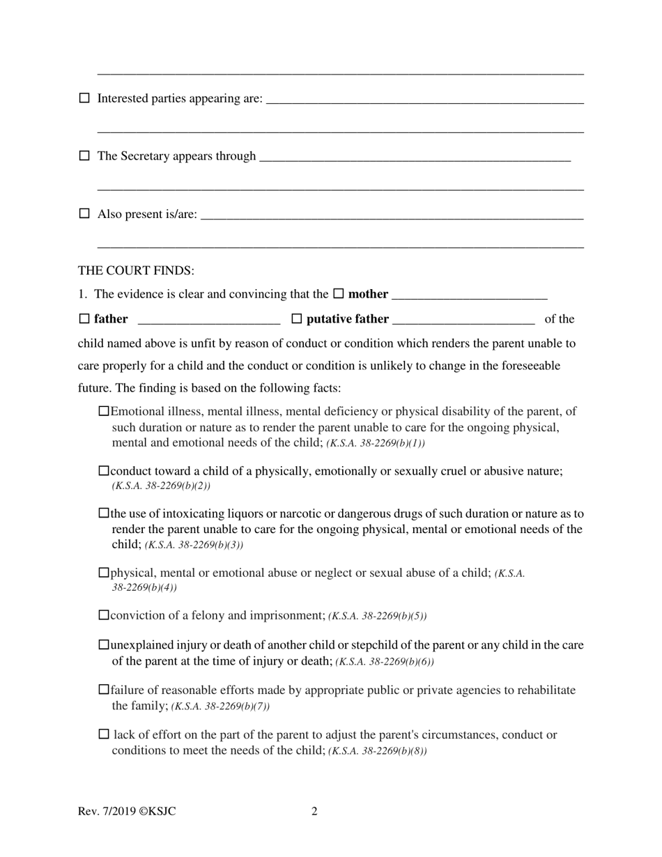 Form 185 Finding of Unfitness and Order Terminating Parental Rights or Appointing Permanent Custodian - Kansas, Page 2
