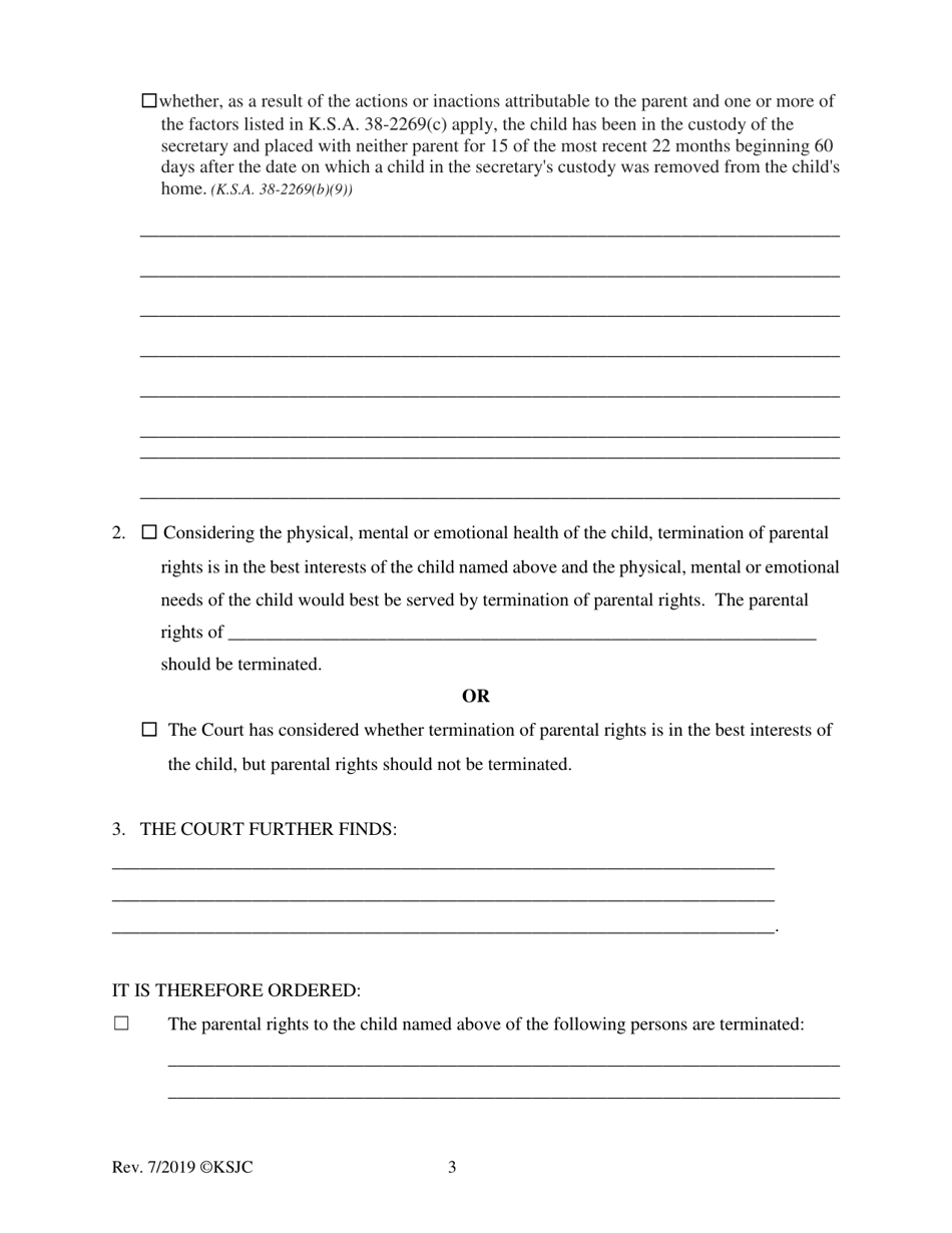 Form 185 Finding of Unfitness and Order Terminating Parental Rights or Appointing Permanent Custodian - Kansas, Page 3