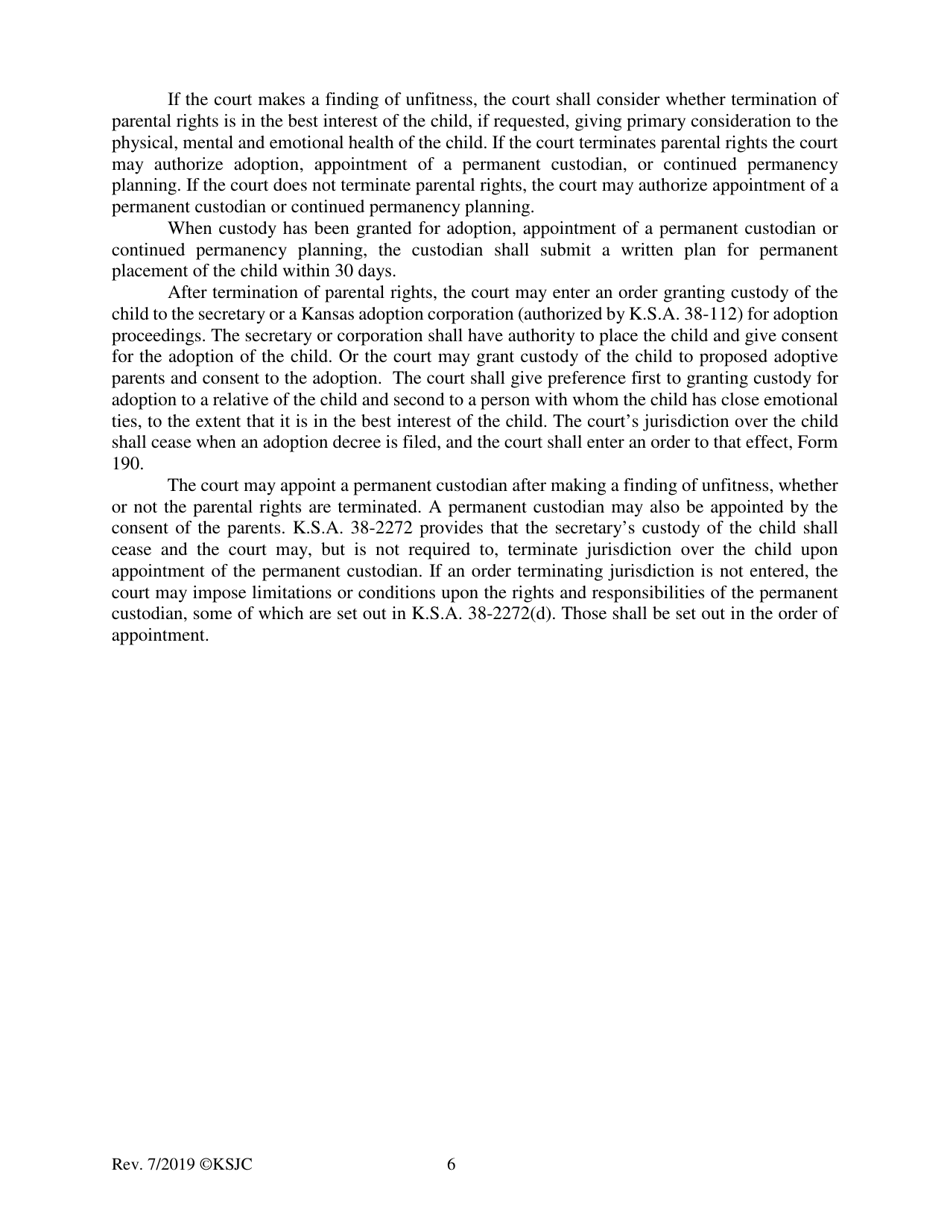 Form 185 Finding of Unfitness and Order Terminating Parental Rights or Appointing Permanent Custodian - Kansas, Page 6