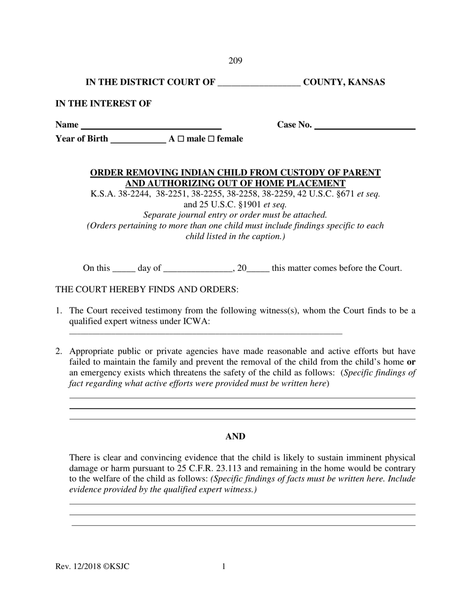 Form 209 Order Removing Indian Child From Custody of Parent and Authorizing out of Home Placement - Kansas, Page 1