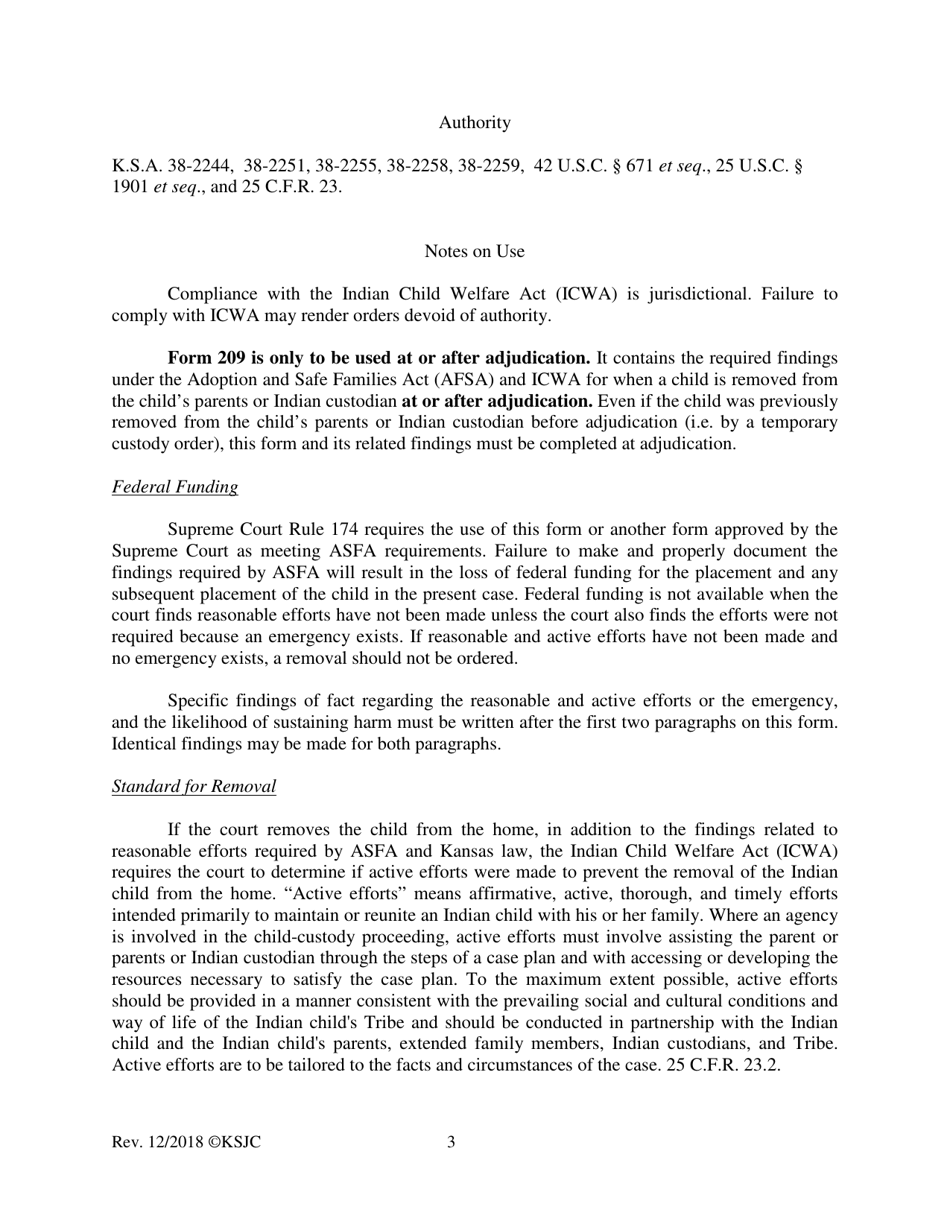 Form 209 Order Removing Indian Child From Custody of Parent and Authorizing out of Home Placement - Kansas, Page 3