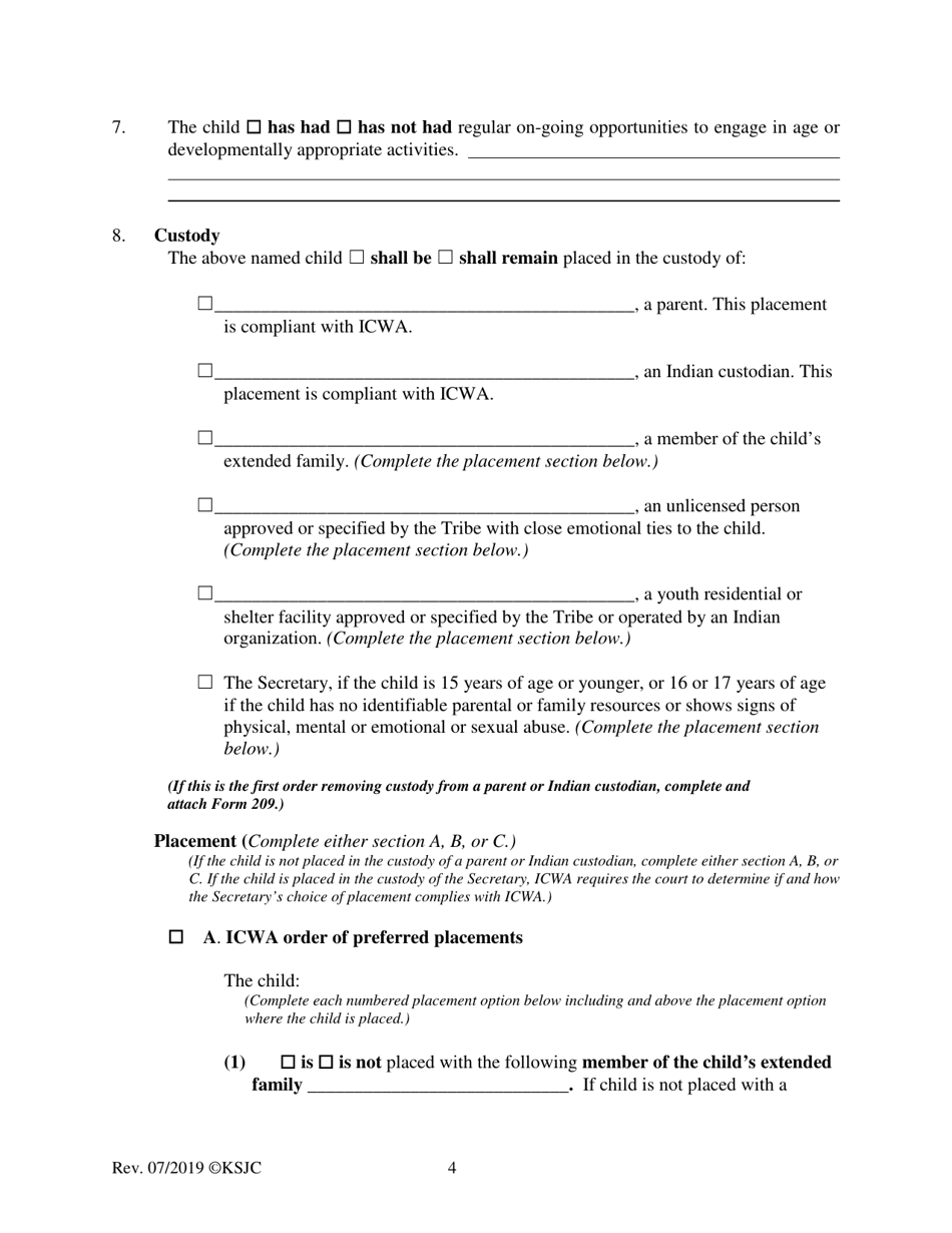 Form 219.3 Indian Child Welfare Act Permanency Hearing Journal Entry and Order for Another Planned Permanent Living Arrangement - Kansas, Page 4