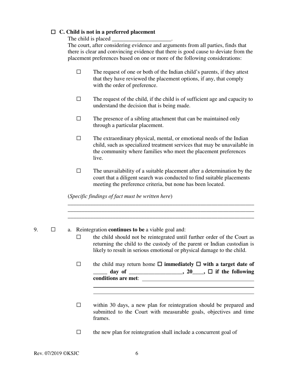 Form 219.3 Indian Child Welfare Act Permanency Hearing Journal Entry and Order for Another Planned Permanent Living Arrangement - Kansas, Page 6