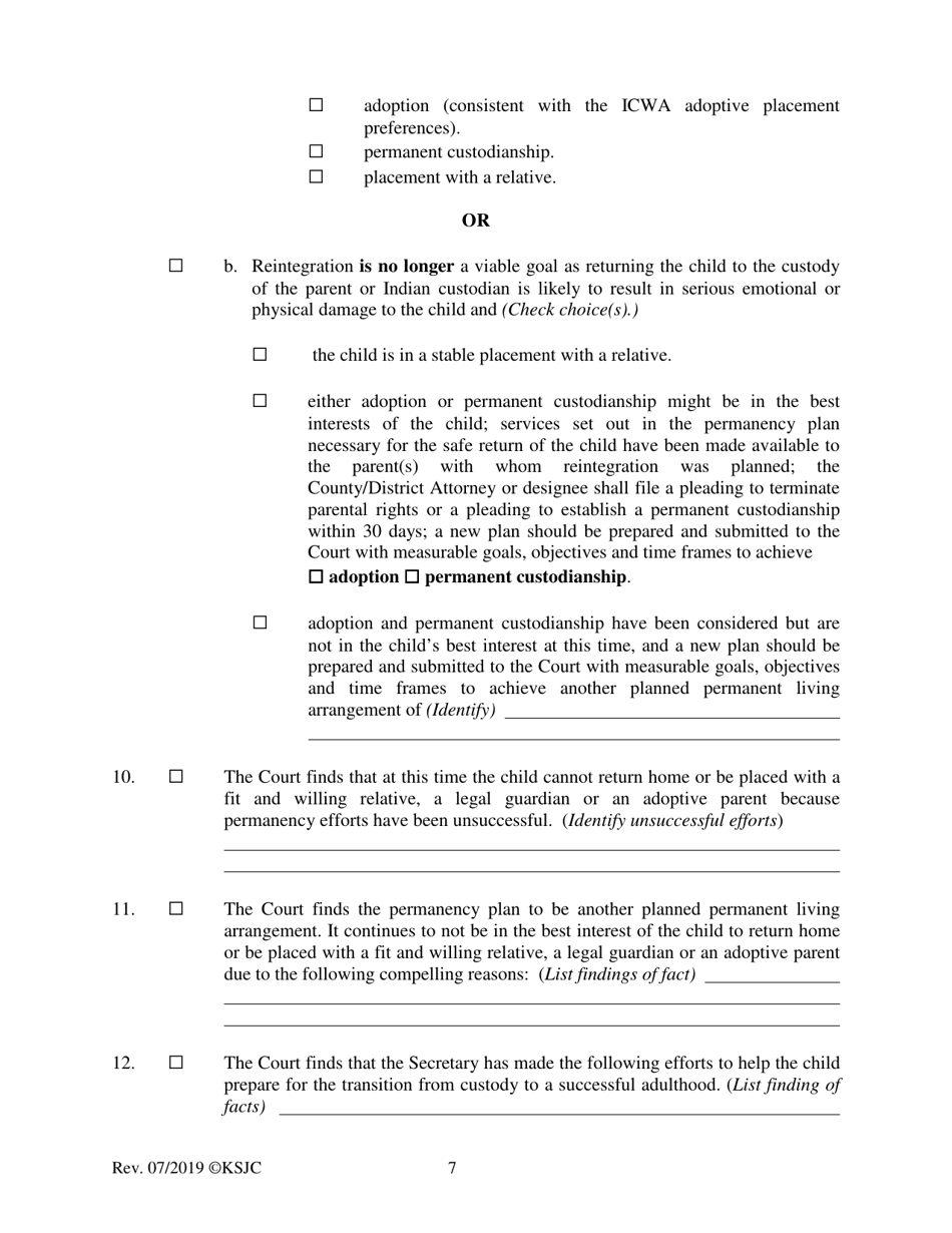 Form 219.3 Indian Child Welfare Act Permanency Hearing Journal Entry and Order for Another Planned Permanent Living Arrangement - Kansas, Page 7
