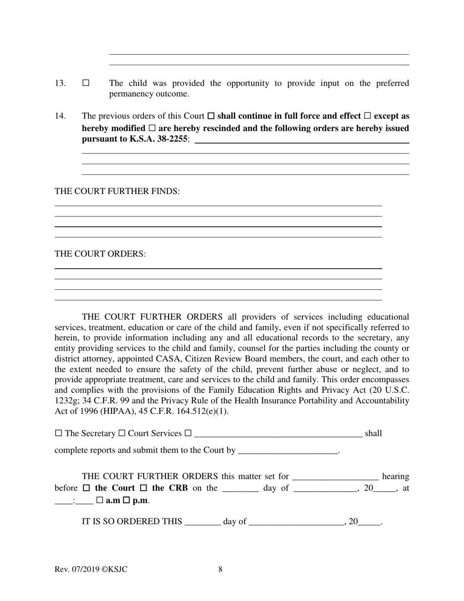 Form 219.3 Indian Child Welfare Act Permanency Hearing Journal Entry and Order for Another Planned Permanent Living Arrangement - Kansas, Page 8