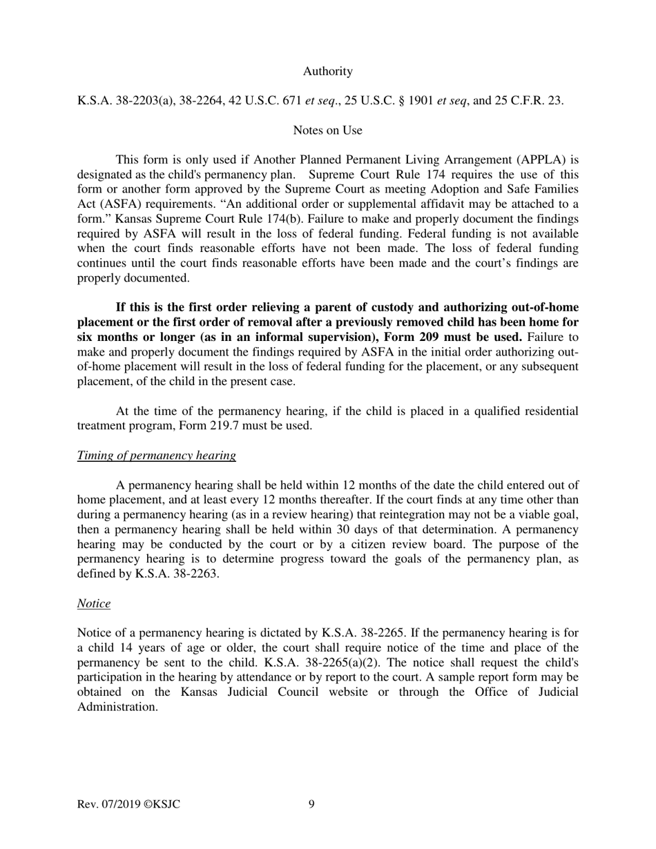 Form 219.3 Indian Child Welfare Act Permanency Hearing Journal Entry and Order for Another Planned Permanent Living Arrangement - Kansas, Page 9