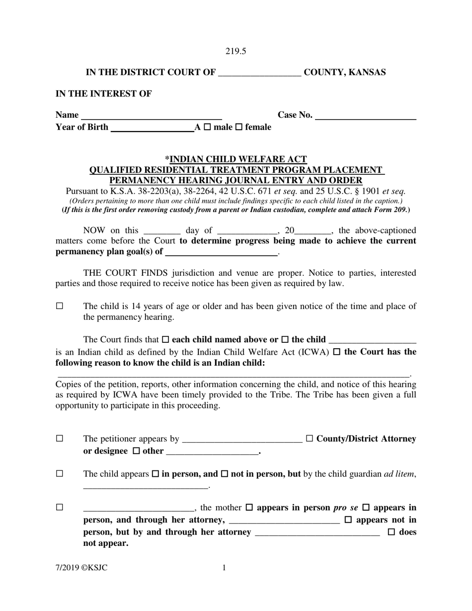 Form 219.5 Indian Child Welfare Act Qualified Residential Treatment Program Placement Permanency Hearing Journal Entry and Order - Kansas, Page 1
