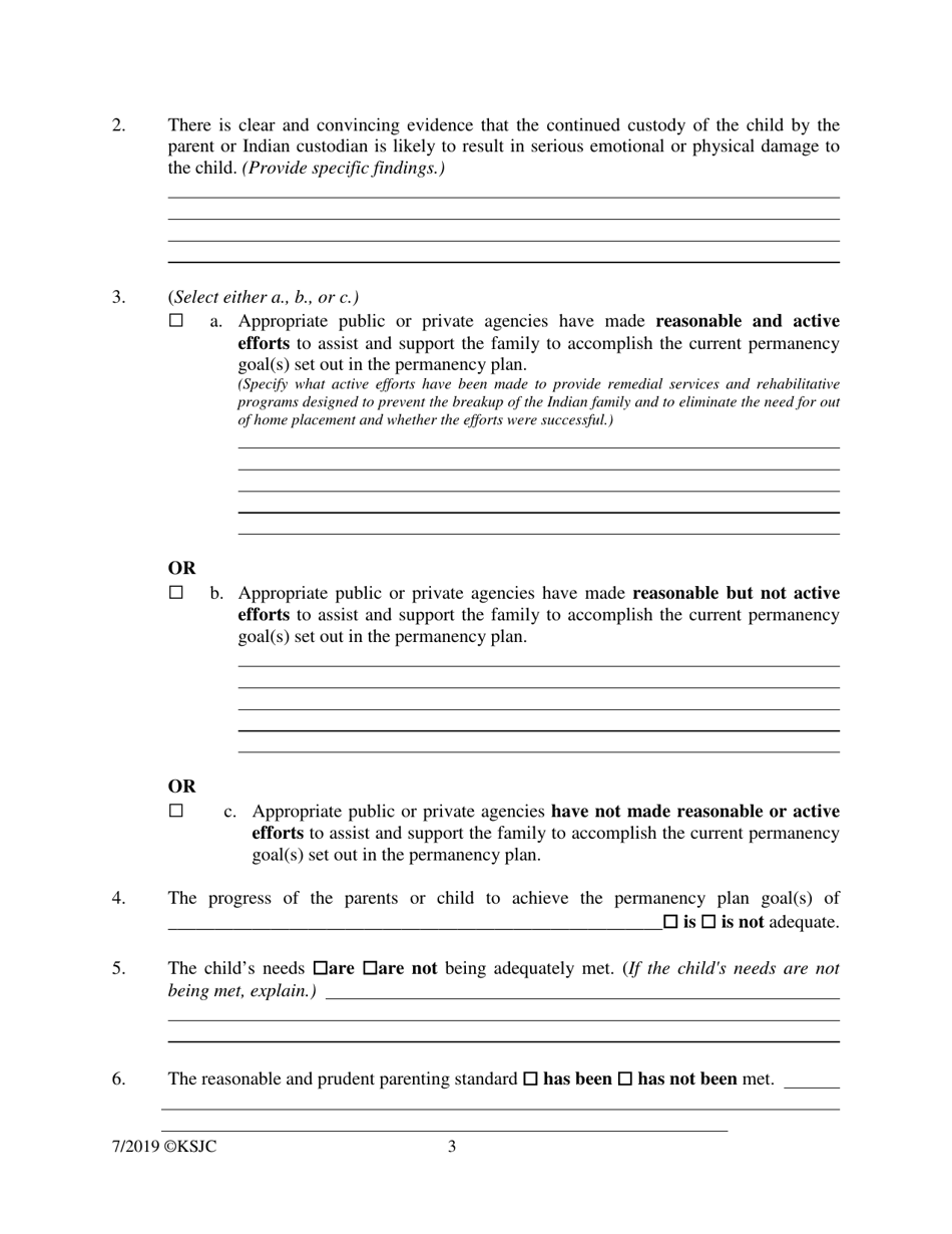 Form 219.5 Indian Child Welfare Act Qualified Residential Treatment Program Placement Permanency Hearing Journal Entry and Order - Kansas, Page 3