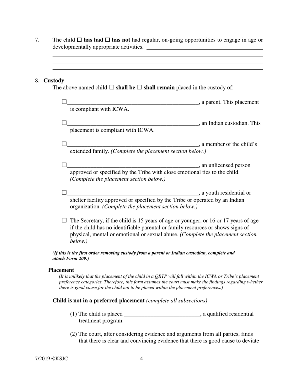 Form 219.5 Indian Child Welfare Act Qualified Residential Treatment Program Placement Permanency Hearing Journal Entry and Order - Kansas, Page 4