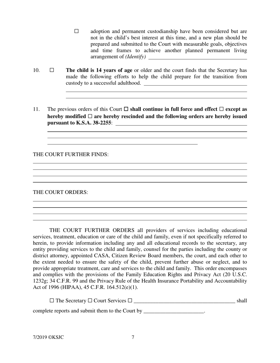 Form 219.5 Indian Child Welfare Act Qualified Residential Treatment Program Placement Permanency Hearing Journal Entry and Order - Kansas, Page 7