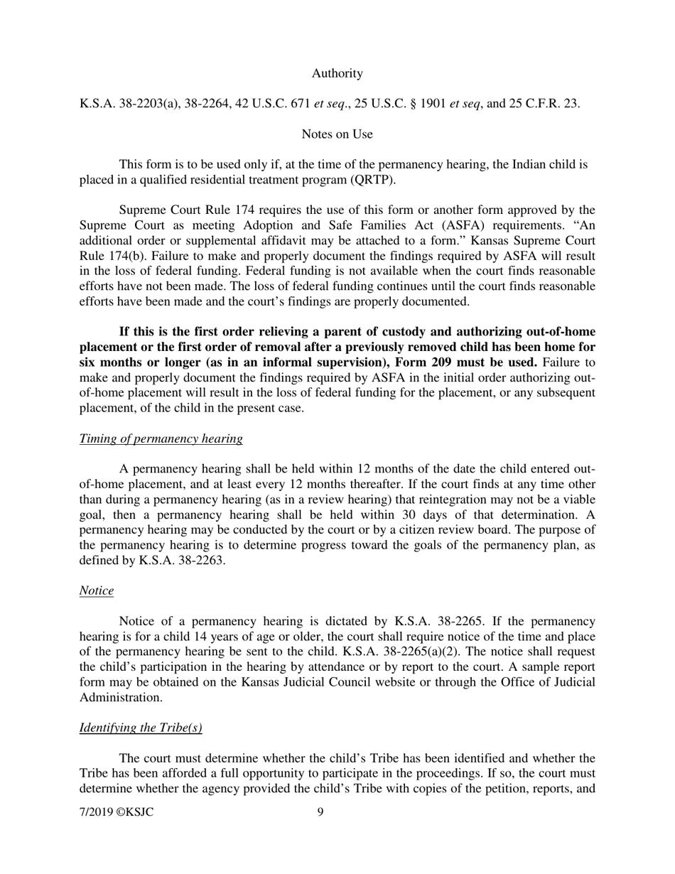 Form 219.5 Indian Child Welfare Act Qualified Residential Treatment Program Placement Permanency Hearing Journal Entry and Order - Kansas, Page 9