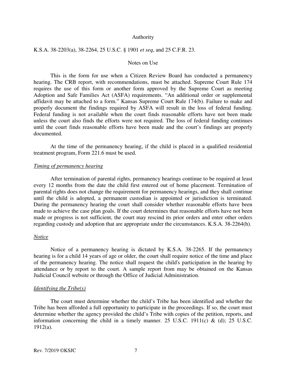 Form 221.2 Indian Child Welfare Act Permanency Hearing Order Based on the Crb Recommendations Hearing Post-termination - Kansas, Page 7
