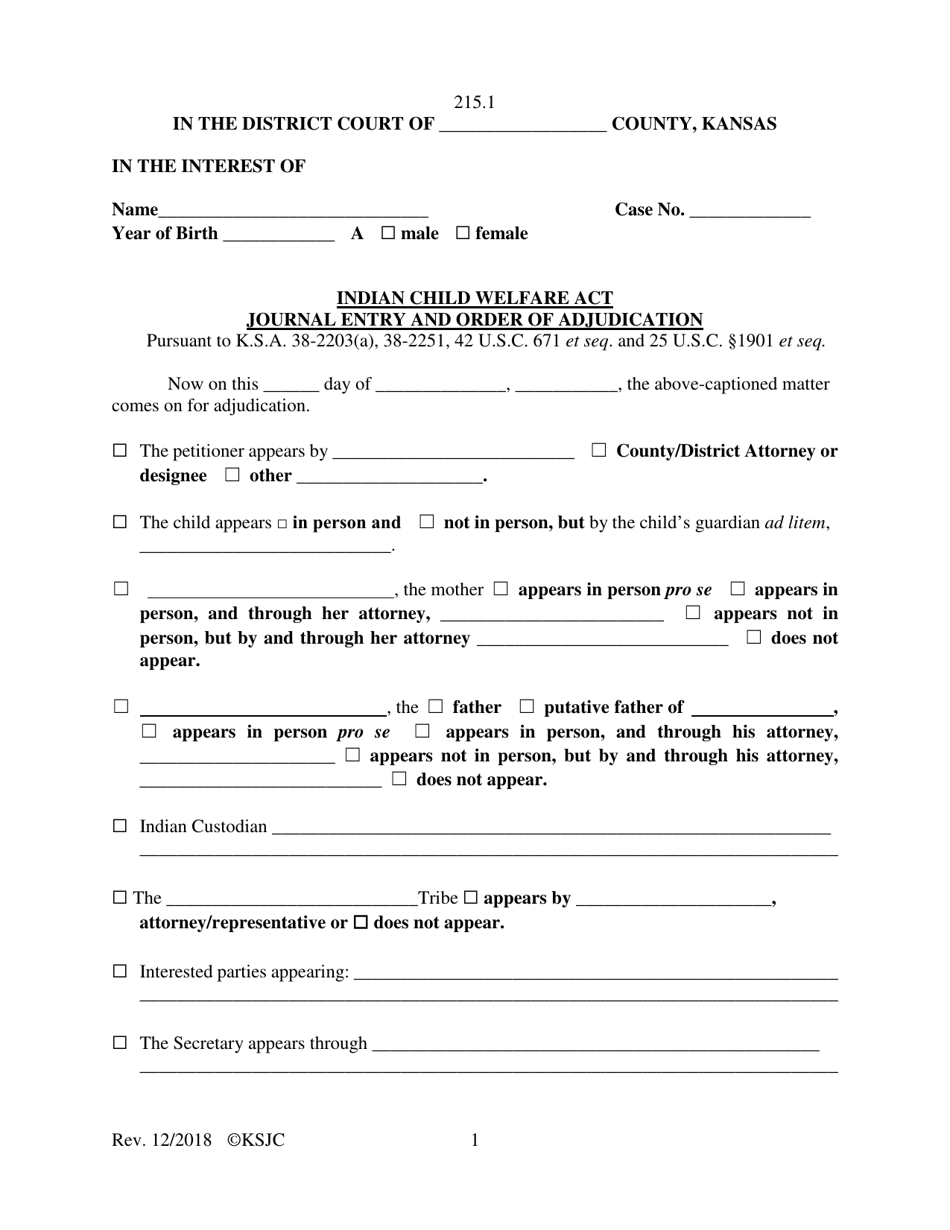 Form 215.1 Indian Child Welfare Act Journal Entry and Order of Adjudication - Kansas, Page 1